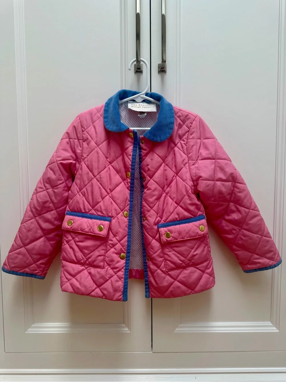 The Beaufort Bonnet Company Pink Quilted Jacket Size 5 w/ Blue Corduroy Trim EUC